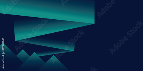 Abstract geometric background with a folded teal ribbon and pyramids on a dark blue canvas.