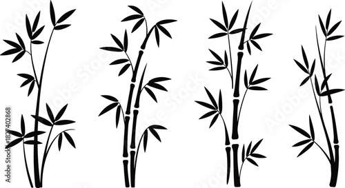 Bamboo plant silhouette collection with elegant leaves and stems in minimal black style for nature decoration and design, cad drawing flat vector illustration