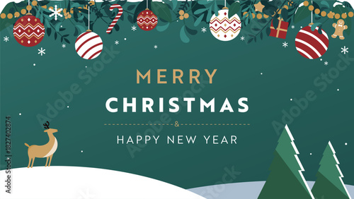 クリスマスオーナメントとトナカイで飾られたクリスマスの背景テンプレート（緑）　Christmas background template decorated with Christmas ornaments and reindeer (green)