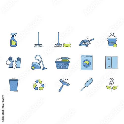 Cleaning Icons Set Spray Mop Gloves Vacuum Washing Machine