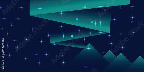 A stylized illustration of the aurora borealis over geometric mountains under a starry night sky.
