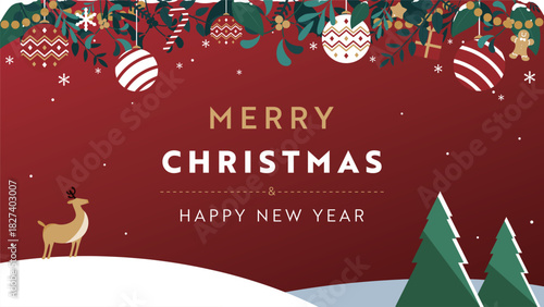 クリスマスオーナメントとトナカイで飾られたクリスマスの背景テンプレート（赤）　Christmas background template decorated with Christmas ornaments and reindeer (red)