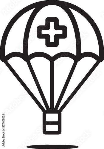 Black and white line icon of a medical supply parachute dropping aid