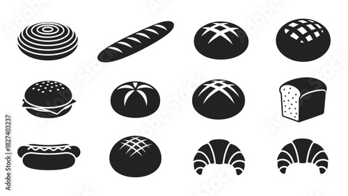 Bakery and bread silhouette icons isolated on white background, Vector