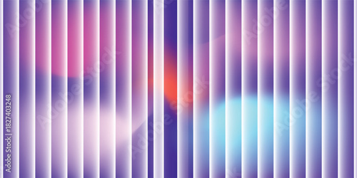 Abstract background of glowing colored orbs seen through vertical purple blinds.