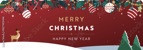 クリスマスオーナメントとトナカイで飾られたクリスマスのバナー背景テンプレート（赤）　Christmas banner background template decorated with Christmas ornaments and reindeer (red)