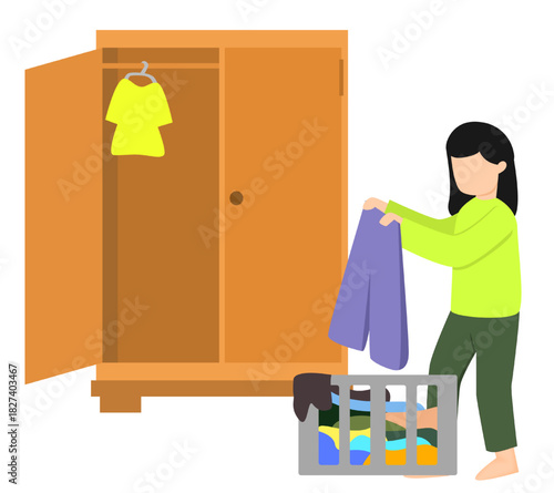 Woman going through her clothing. Suitable for organizing and decluttering topics.