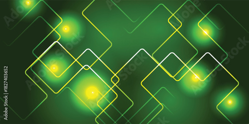 Abstract green background with glowing neon lights and overlapping geometric square patterns.