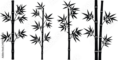 Bamboo stalk silhouette set isolated on white background, black tropical bamboo plants with leaves, vector illustration design