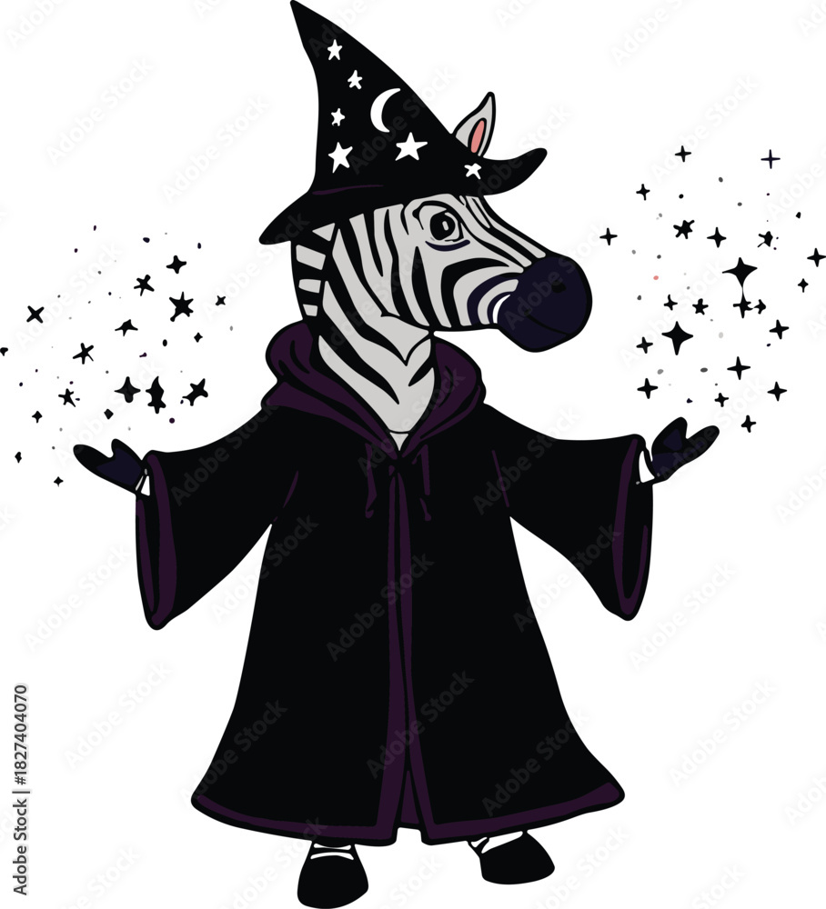 Naklejka premium Anthropomorphic zebra wizard in black robe and starry hat casting magic spell, fantasy animal character illustration, whimsical magical mascot concept design