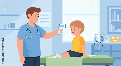 Doctor checking a child’s temperature with a digital thermometer during a routine checkup. Ideal for pediatric health education, clinic visuals, and medical care illustrations