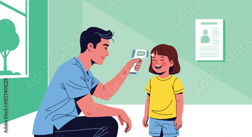 Doctor checking a child’s temperature with a digital thermometer during a routine checkup. Ideal for pediatric health education, clinic visuals, and medical care illustrations