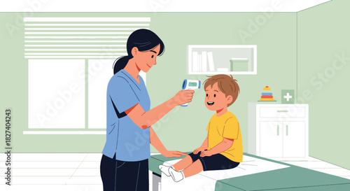 Doctor checking a child’s temperature with a digital thermometer during a routine checkup. Ideal for pediatric health education, clinic visuals, and medical care illustrations