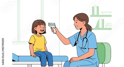 Doctor checking a child’s temperature with a digital thermometer during a routine checkup. Ideal for pediatric health education, clinic visuals, and medical care illustrations