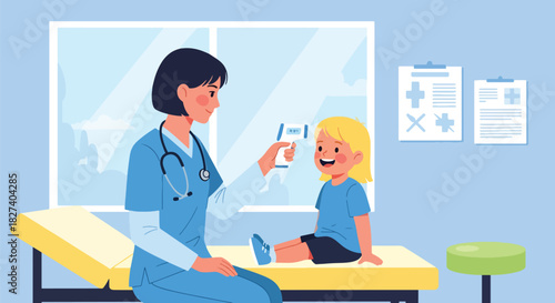 Doctor checking a child’s temperature with a digital thermometer during a routine checkup. Ideal for pediatric health education, clinic visuals, and medical care illustrations