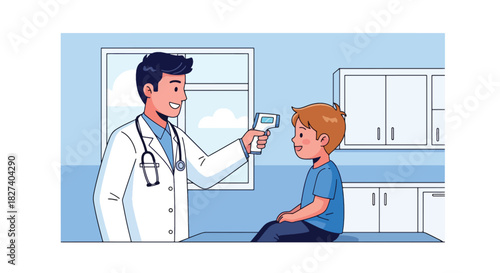 Doctor checking a child’s temperature with a digital thermometer during a routine checkup. Ideal for pediatric health education, clinic visuals, and medical care illustrations
