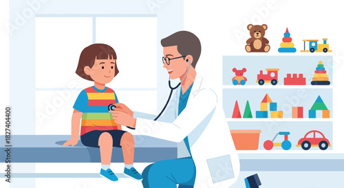 Pediatrician listening to a child’s heartbeat with a stethoscope during a friendly health examination. Ideal for clinic visuals and children’s healthcare illustrations