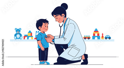 Pediatrician listening to a child’s heartbeat with a stethoscope during a friendly health examination. Ideal for clinic visuals and children’s healthcare illustrations