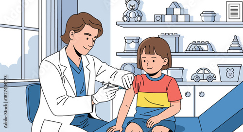 Doctor administering a vaccination shot to a calm child during routine immunization. Ideal for pediatric health campaigns and clinic education visuals