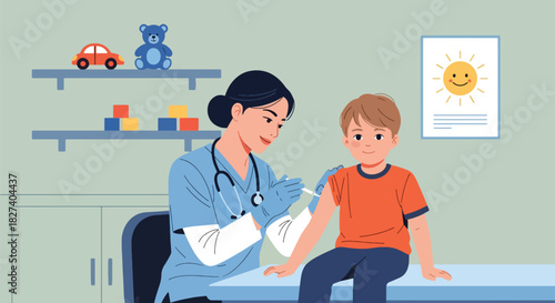Doctor administering a vaccination shot to a calm child during routine immunization. Ideal for pediatric health campaigns and clinic education visuals