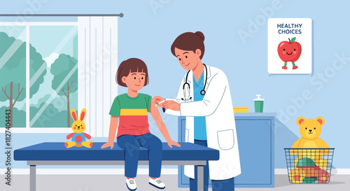 Doctor administering a vaccination shot to a calm child during routine immunization. Ideal for pediatric health campaigns and clinic education visuals
