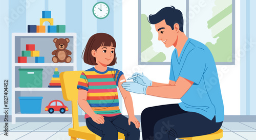 Doctor administering a vaccination shot to a calm child during routine immunization. Ideal for pediatric health campaigns and clinic education visuals