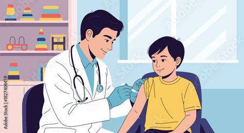 Doctor administering a vaccination shot to a calm child during routine immunization. Ideal for pediatric health campaigns and clinic education visuals