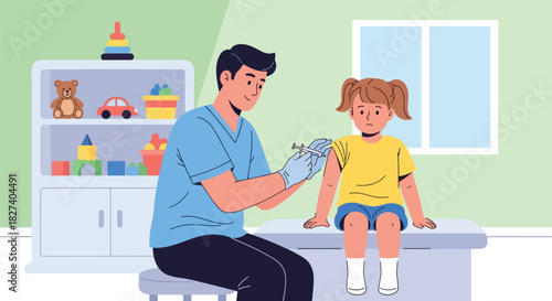 Doctor administering a vaccination shot to a calm child during routine immunization. Ideal for pediatric health campaigns and clinic education visuals