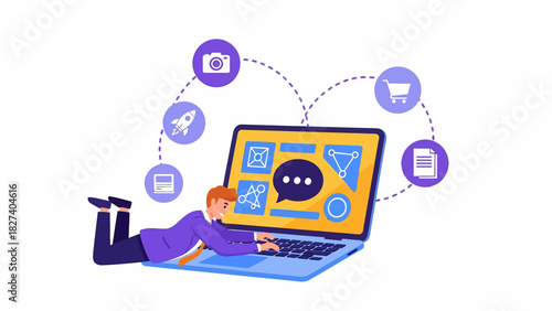 A man interacting with a laptop, surrounded by various digital service icons, representing interconnected online applications and technology.