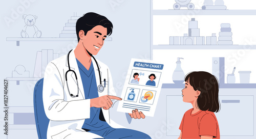 Doctor showing health tips to a child using a simple educational chart. Ideal for hygiene learning visuals, pediatric health campaigns, and school wellness materials