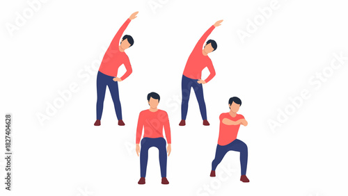A man in a red shirt and blue pants demonstrates various stretching exercises.