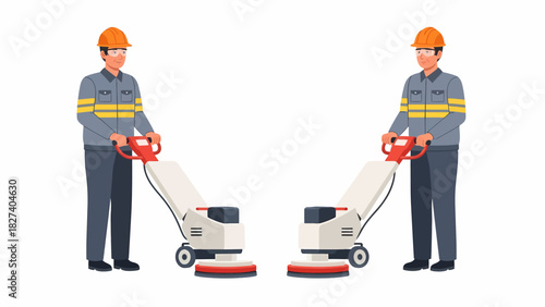 Two workers operating floor cleaning machines, wearing safety gear.