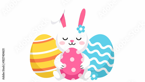 Cute cartoon Easter bunny with a chef's hat holding a pink polka dot egg among colorful decorated eggs.