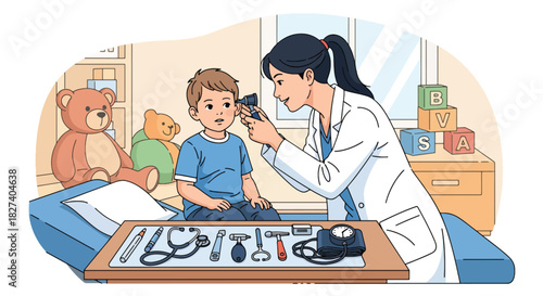Doctor examining a child’s ear using an otoscope during a clinic checkup. Ideal for pediatric health illustrations, medical education, and wellness materials