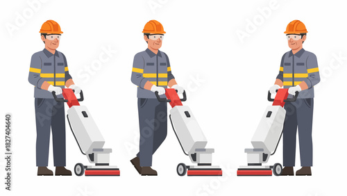 Man in hard hat operating floor cleaning machine in three poses.