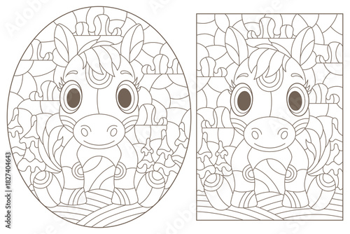 A set of contour illustrations in the style of a stained glass window with cute horses on a winter landscape background