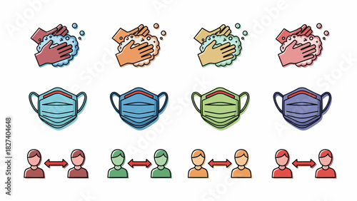 Set of icons illustrating COVID-19 prevention measures including hand washing, face masks, and social distancing.