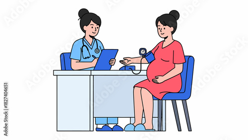 Pregnant woman getting blood pressure checked by a doctor during a prenatal visit.