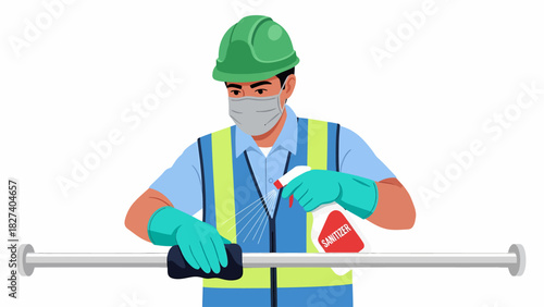 A person wearing a mask and gloves sanitizes a metal bar with a spray bottle.