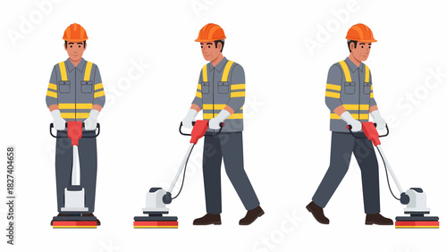 Man operating floor cleaning machine in various poses, wearing safety gear.