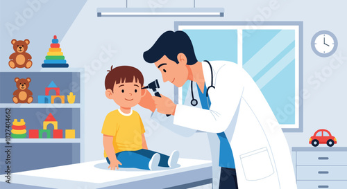 Doctor examining a child’s ear using an otoscope during a clinic checkup. Ideal for pediatric health illustrations, medical education, and wellness materials