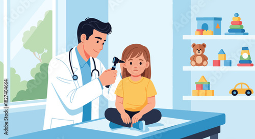 Doctor examining a child’s ear using an otoscope during a clinic checkup. Ideal for pediatric health illustrations, medical education, and wellness materials