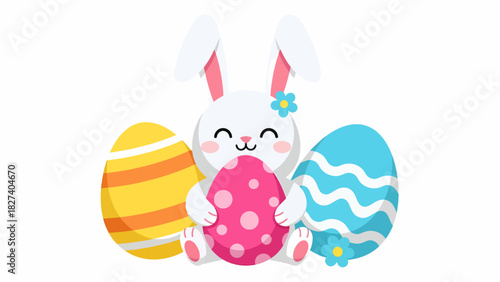 A cute white Easter bunny sitting with three colorful decorated eggs on a white background.