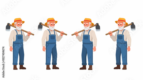 A set of four identical cartoon illustrations of an elderly farmer with a white beard, wearing a straw hat and overalls, holding a hoe.