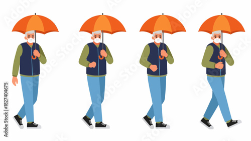 Elderly man walking with an orange umbrella and face mask, depicted in four different walking poses on a white background.
