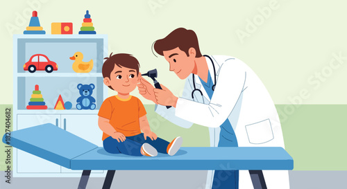 Doctor examining a child’s ear using an otoscope during a clinic checkup. Ideal for pediatric health illustrations, medical education, and wellness materials