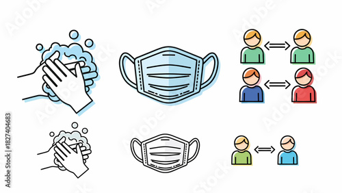 Icons depicting hand washing, face mask, and social distancing for health safety.