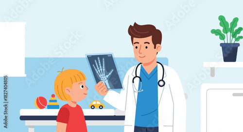 Doctor reviewing an X-ray image with a curious child in a friendly clinic environment. Ideal for health education, pediatric care visuals, and medical illustrations