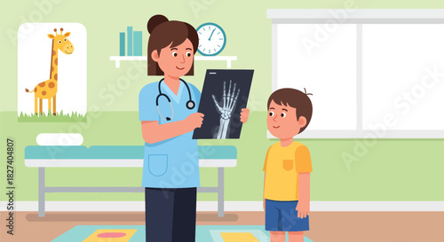 Doctor reviewing an X-ray image with a curious child in a friendly clinic environment. Ideal for health education, pediatric care visuals, and medical illustrations