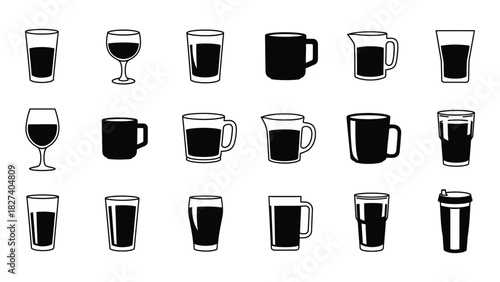 Assorted drinkware icons collection isolated on white background, Vector